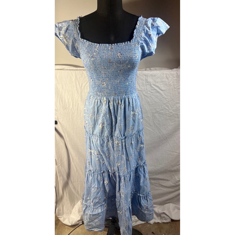 The Golden Globe Clothing Blue Floral Smocked Cotton Maxi Dress Size L